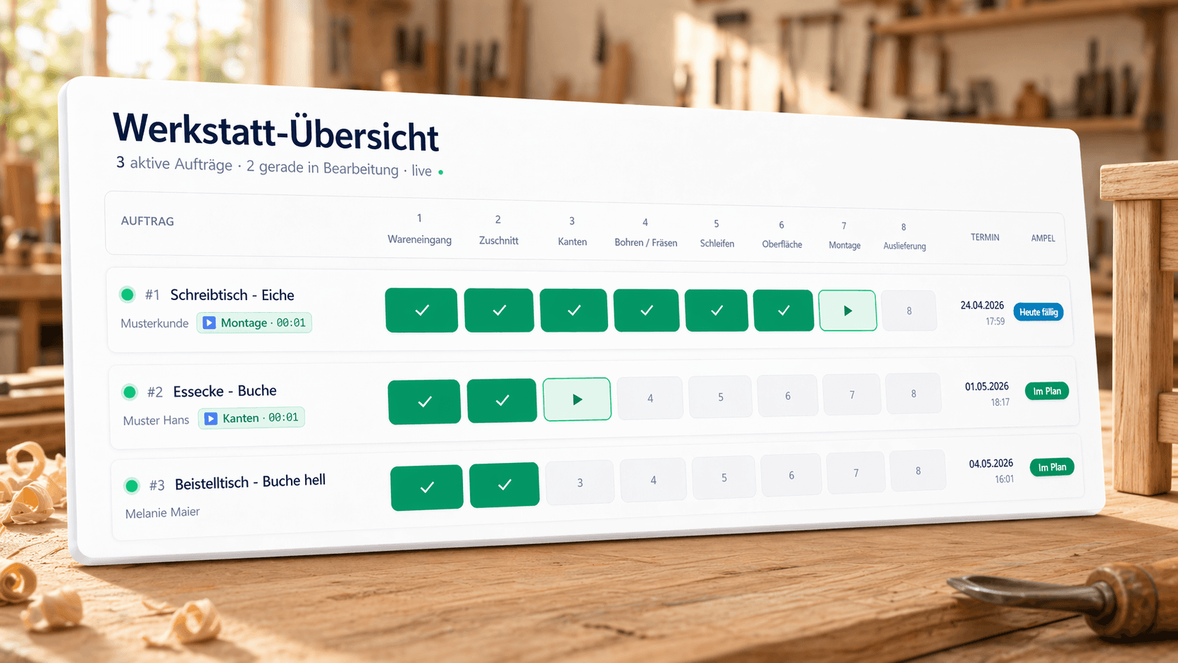 Werkstatt-Übersicht auf einem Tablet in der Werkstatt: Fortschritt pro Auftrag über alle Stationen